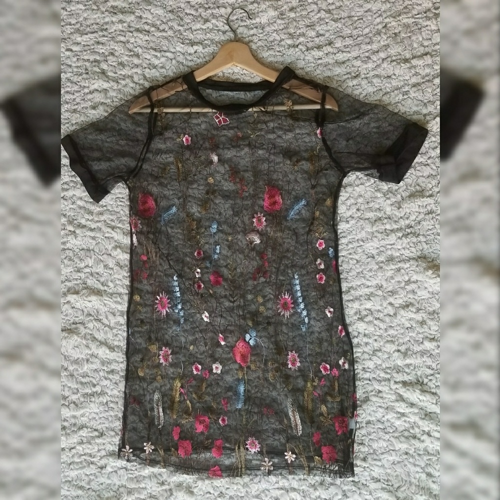 Embroidered Floral Mesh T-shirt Dress
